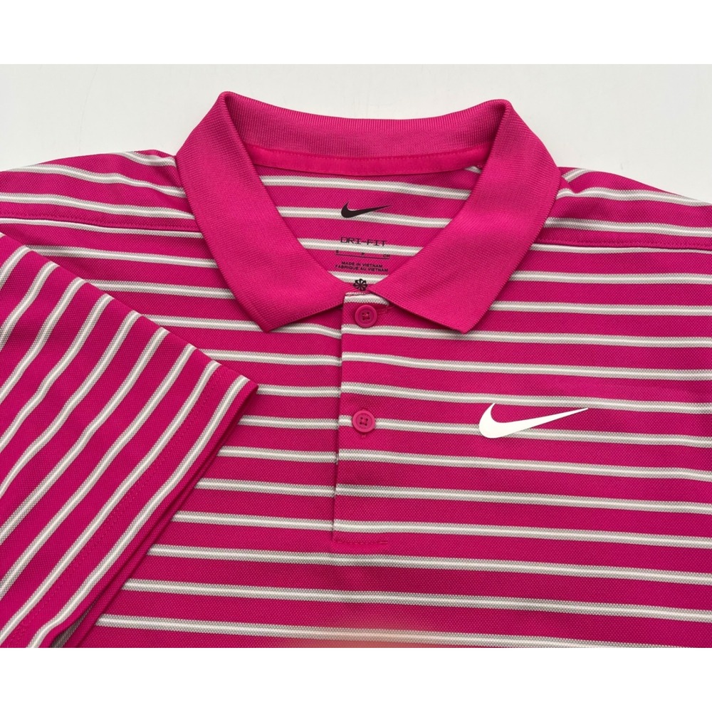 Nike Dri-FIT Polo Shirt Mens Small Pink White Striped Short Sleeve Golf Top‎